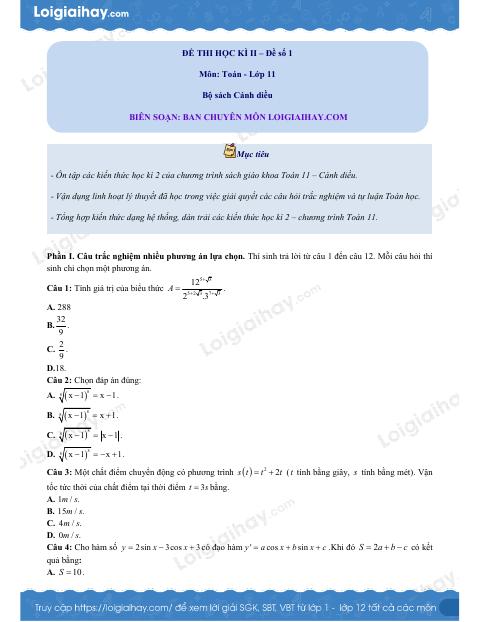 Đề thi học kì 2 Toán 11 Cánh diều - Đề số 1
